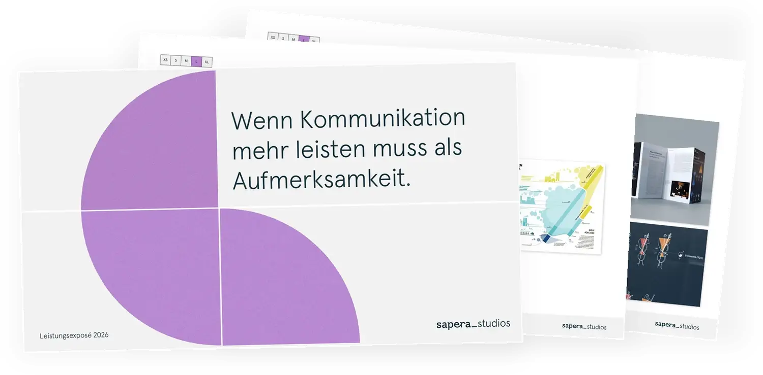 Drei aufgefächerte Seiten aus den Data Storytelling Credentials von Sapera Studios